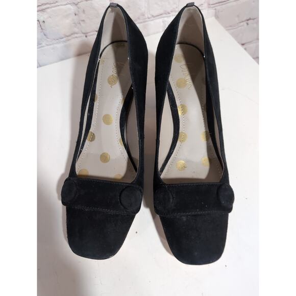Boden Black Suede Leather Block Heel Pumps US 6 EU 37 Button Detail Square Toe - Picture 6 of 13